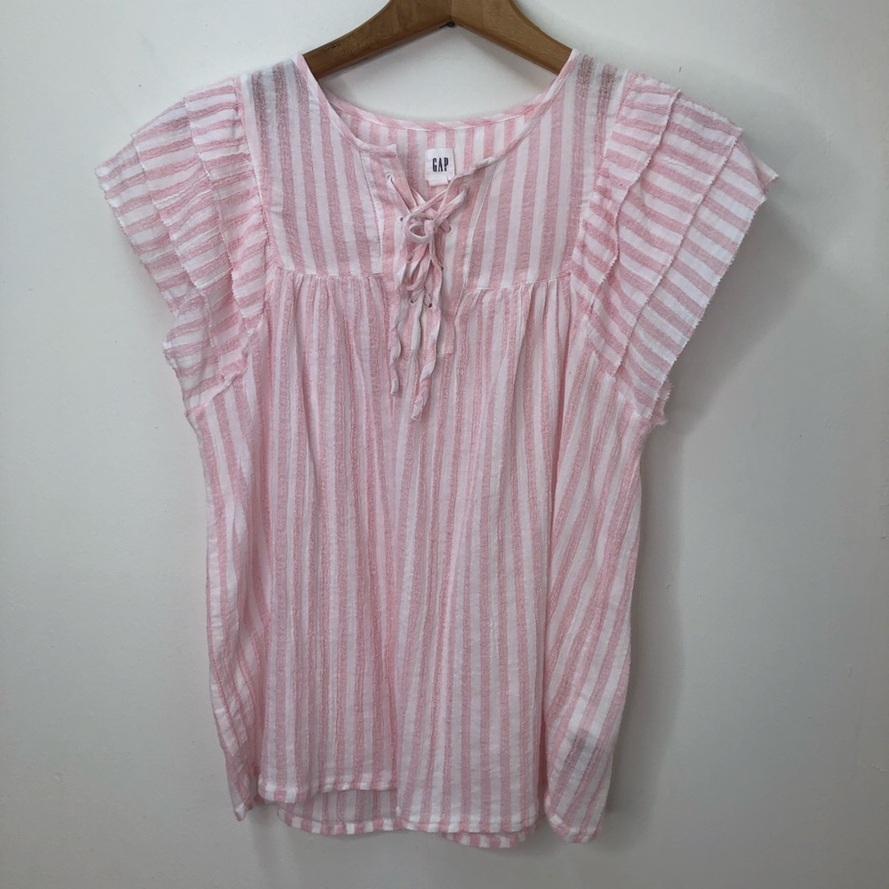 Gap Pink And White Striped Gauze Ruffled Top Womens Size XS
